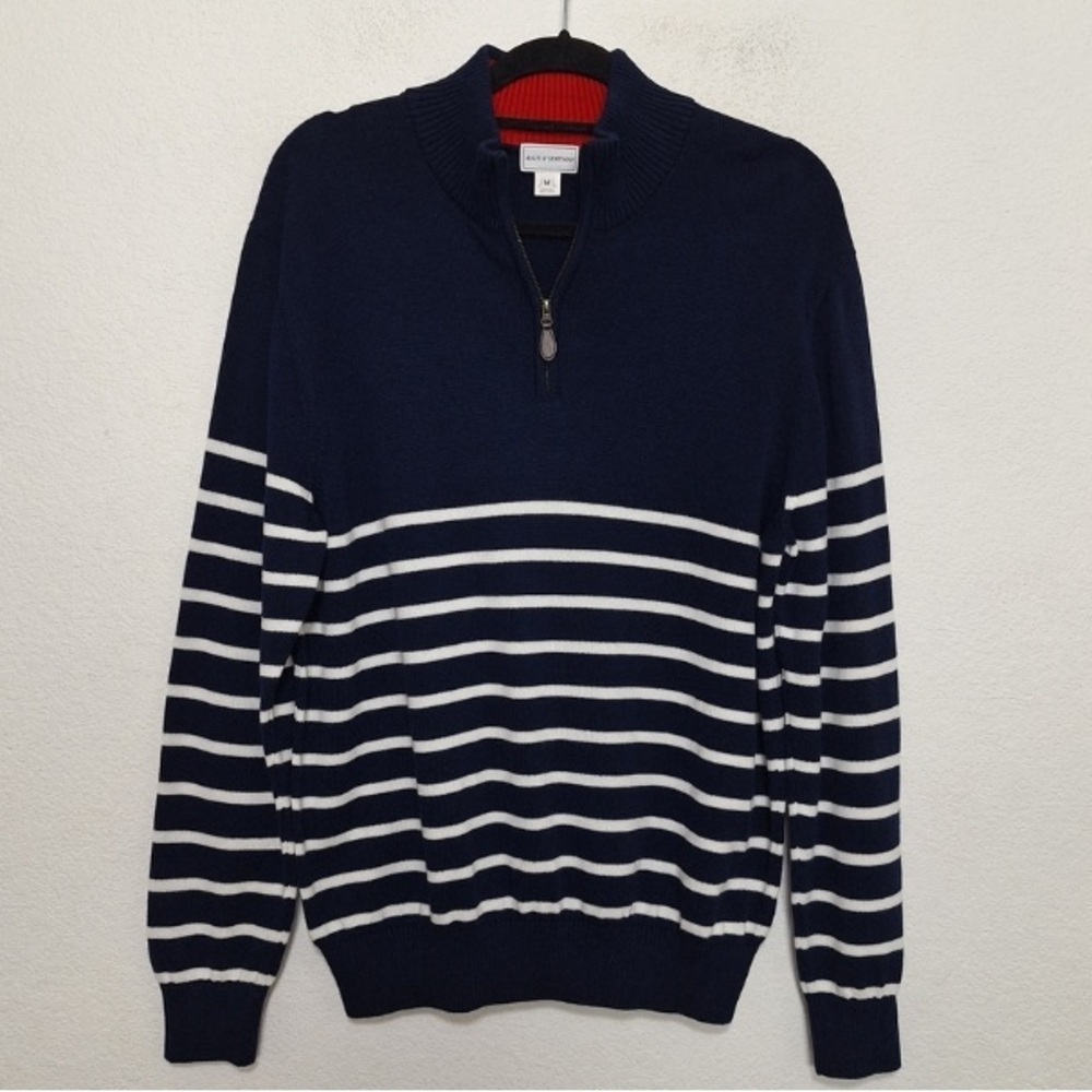 Maus & Hoffman Men's Navy Blue White Preppy Striped Quarter Zip Sweater Size M